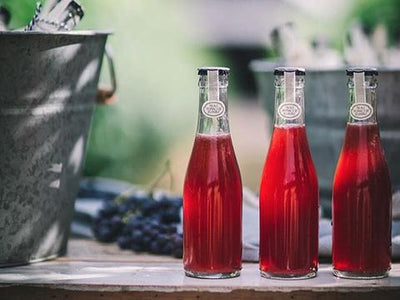 Three small glass bottles filled with Hibiscus Daiquiri beside ice bucket on picnic table.