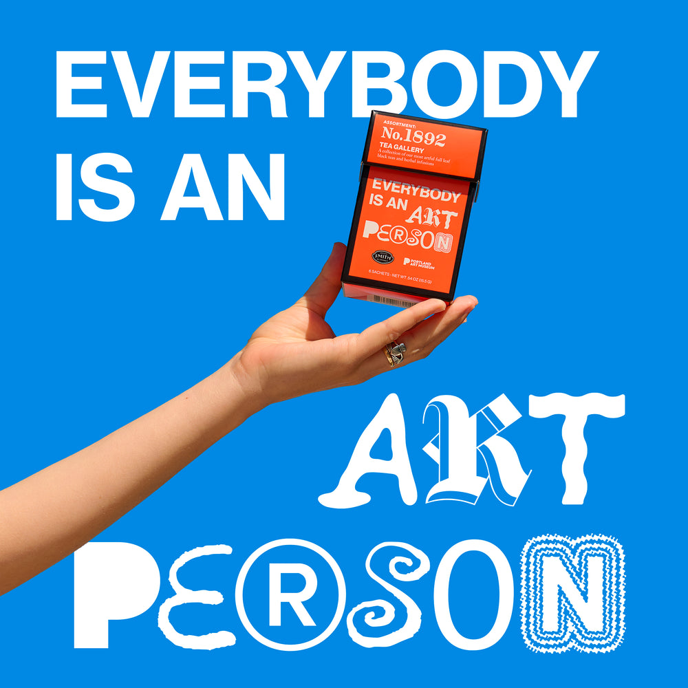 Blue sky background with an arm outstretched holding the Tea Gallery red carton with text overlay "Everybody is an art person".
