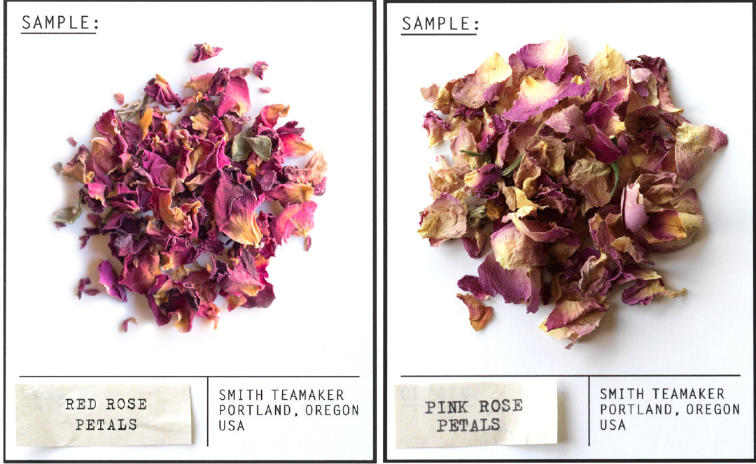 Sample piles of red and pink rose petals to show difference in color.