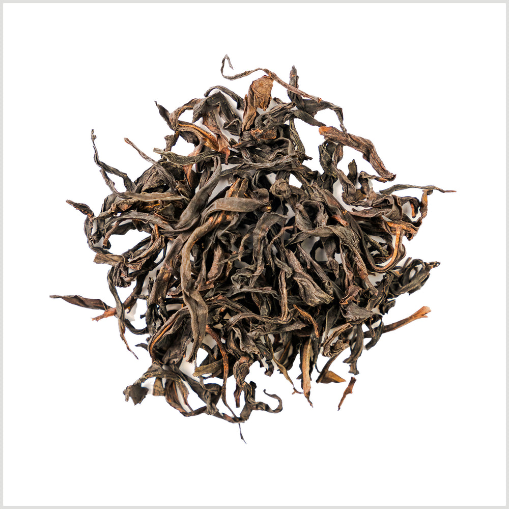 Pile of loose leaf Double Roasted Oolong to show detail of dark and light brown wiry looking full leaf oolong tea. 