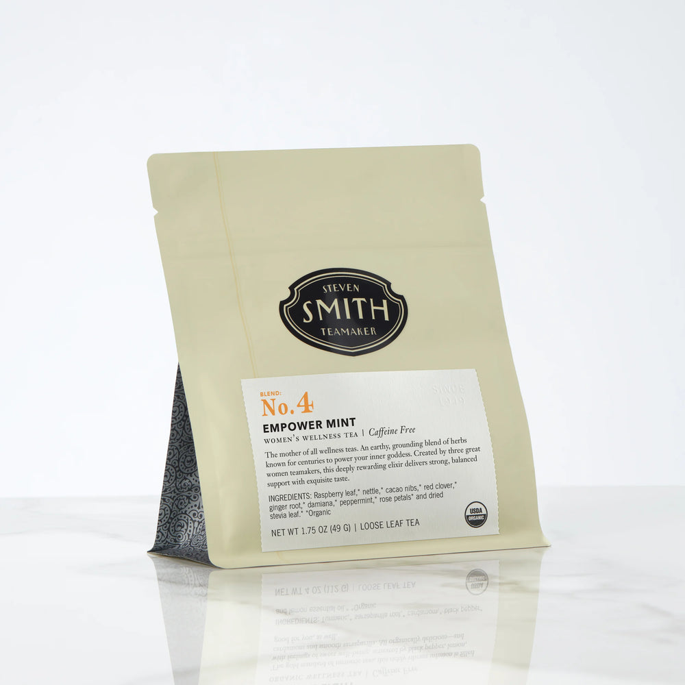 Cr̬me bag of loose leaf tea with Smith shield and Empower Mint label