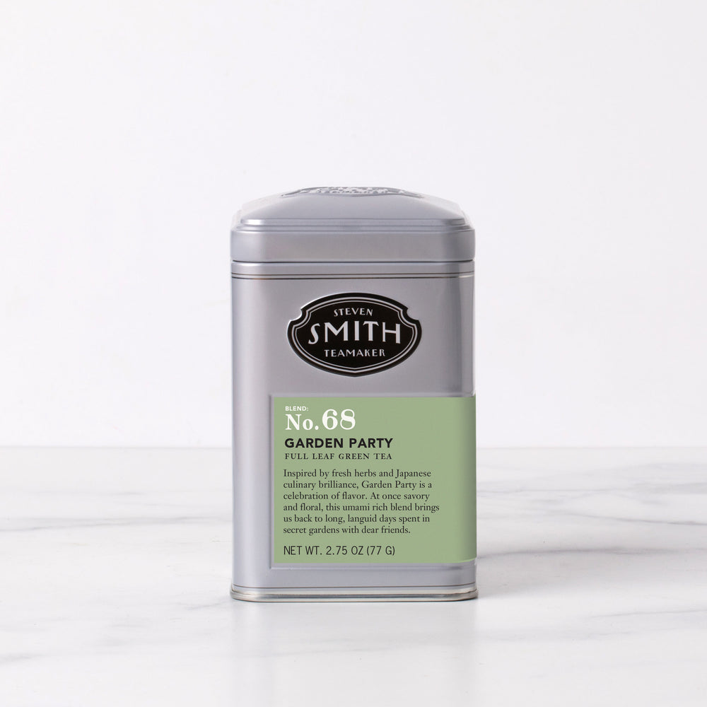 Grey tin of Garden Party with a green label and black Smith Teamaker logo.