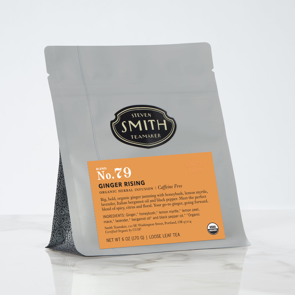  Grey tea package with 'Steven Smith Teamaker' branding with an orange label on a white background