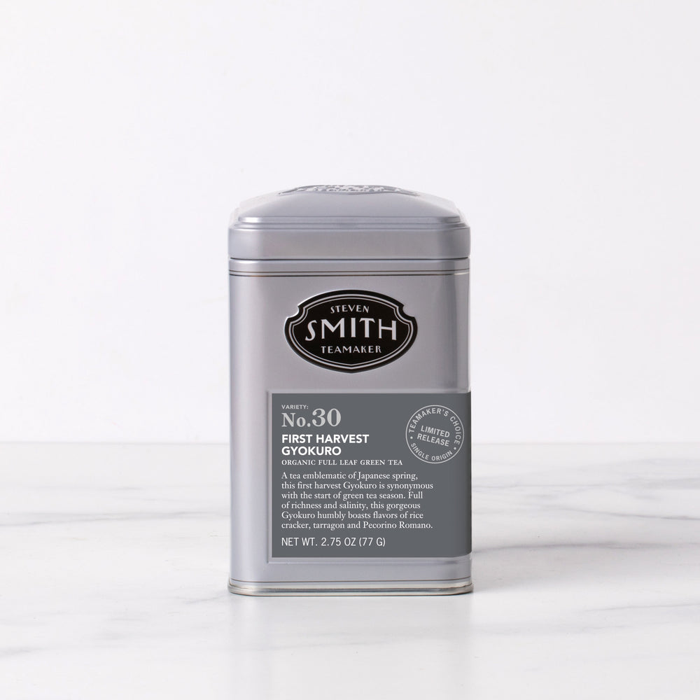 Grey tin of First Harvest Gyokuro with a grey label and black Smith Teamaker logo.