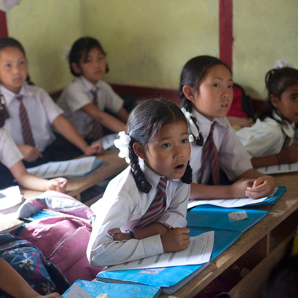 Group of school children at their desks listening to a lesson attentively.