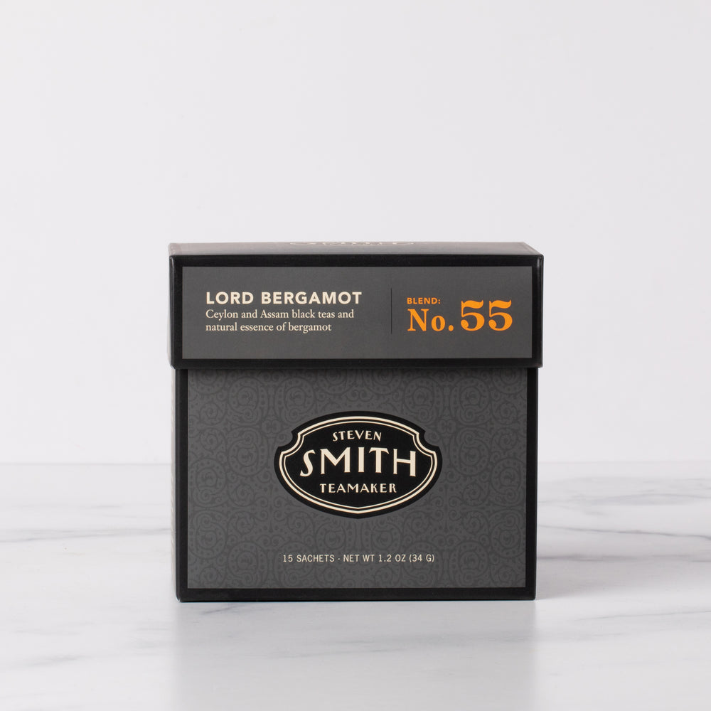 Black box of Lord Bergamot full-leaf black tea sachets with Smith shield in center of box.