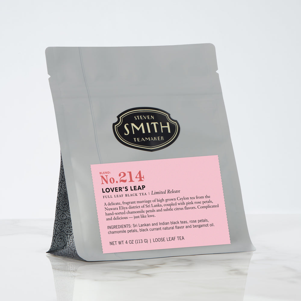 Pantry sized grey pouch of loose leaf tea with a pink Lover's Leap label.
