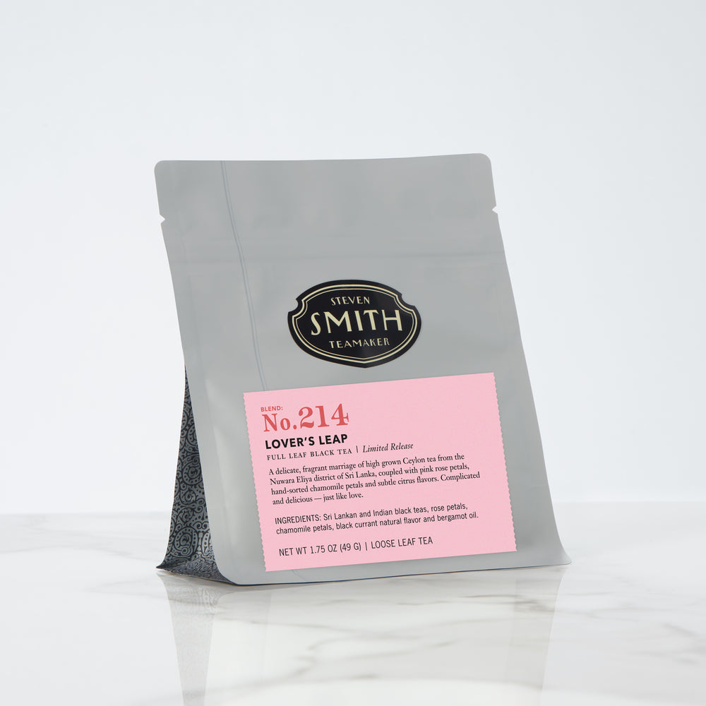 Standard sized grey pouch of loose leaf tea with a pink Lover's Leap label.