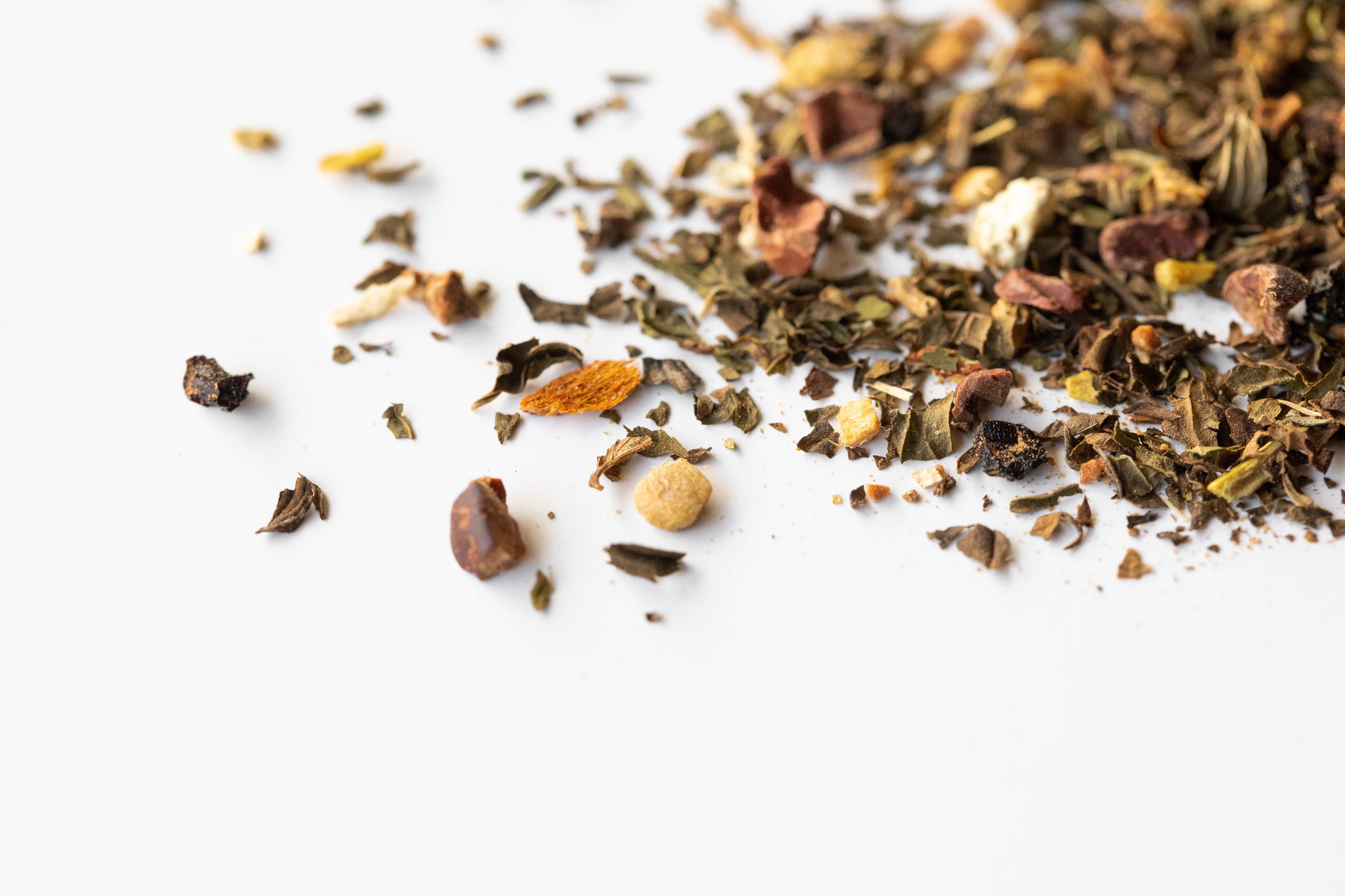 Pile of loose leaf Soothe Sayer to show ingredients like cacao nibs, peppermint and ginger.